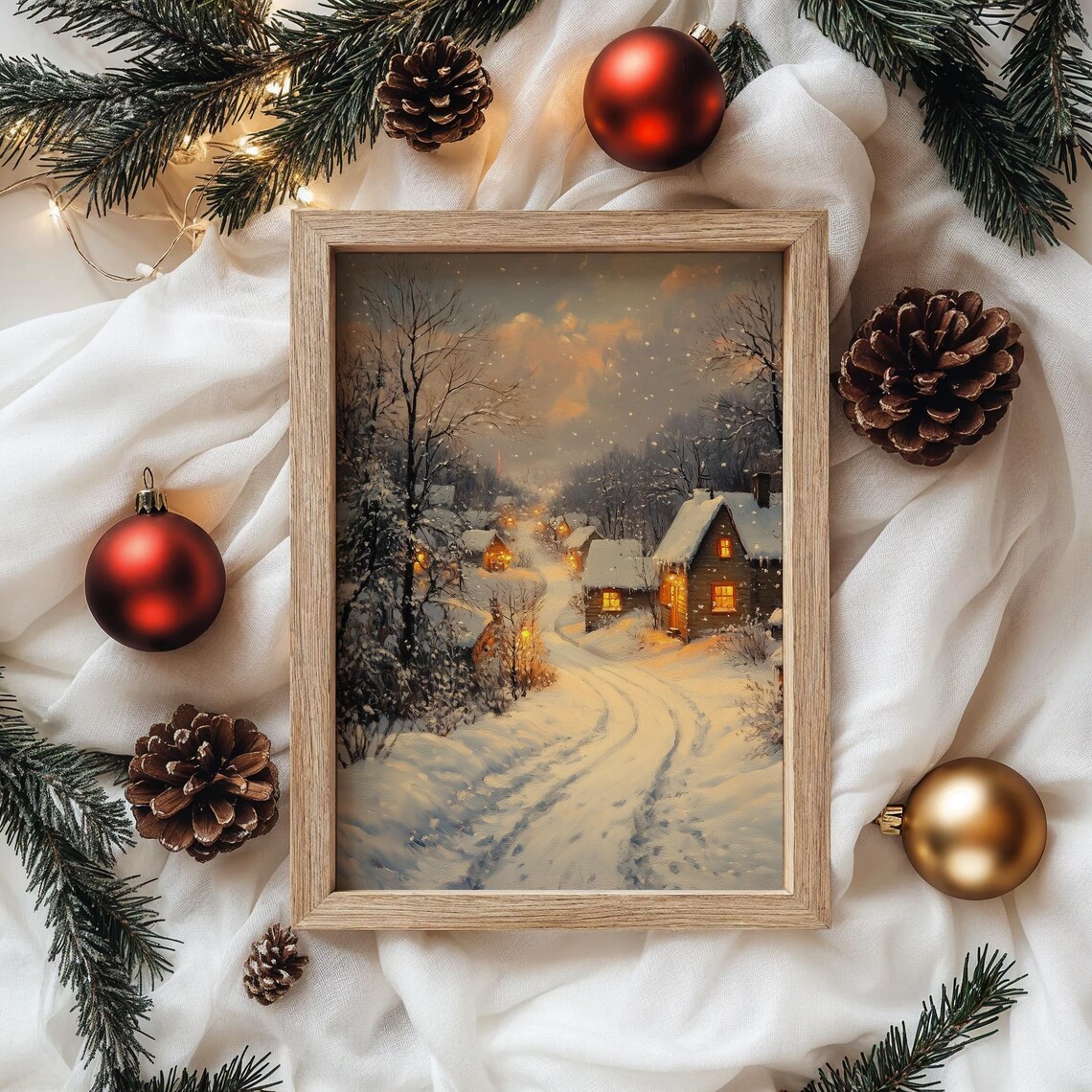Snowy Village Lane at Dusk with Glowing Cottages Pink Sky Poster - Image 4
