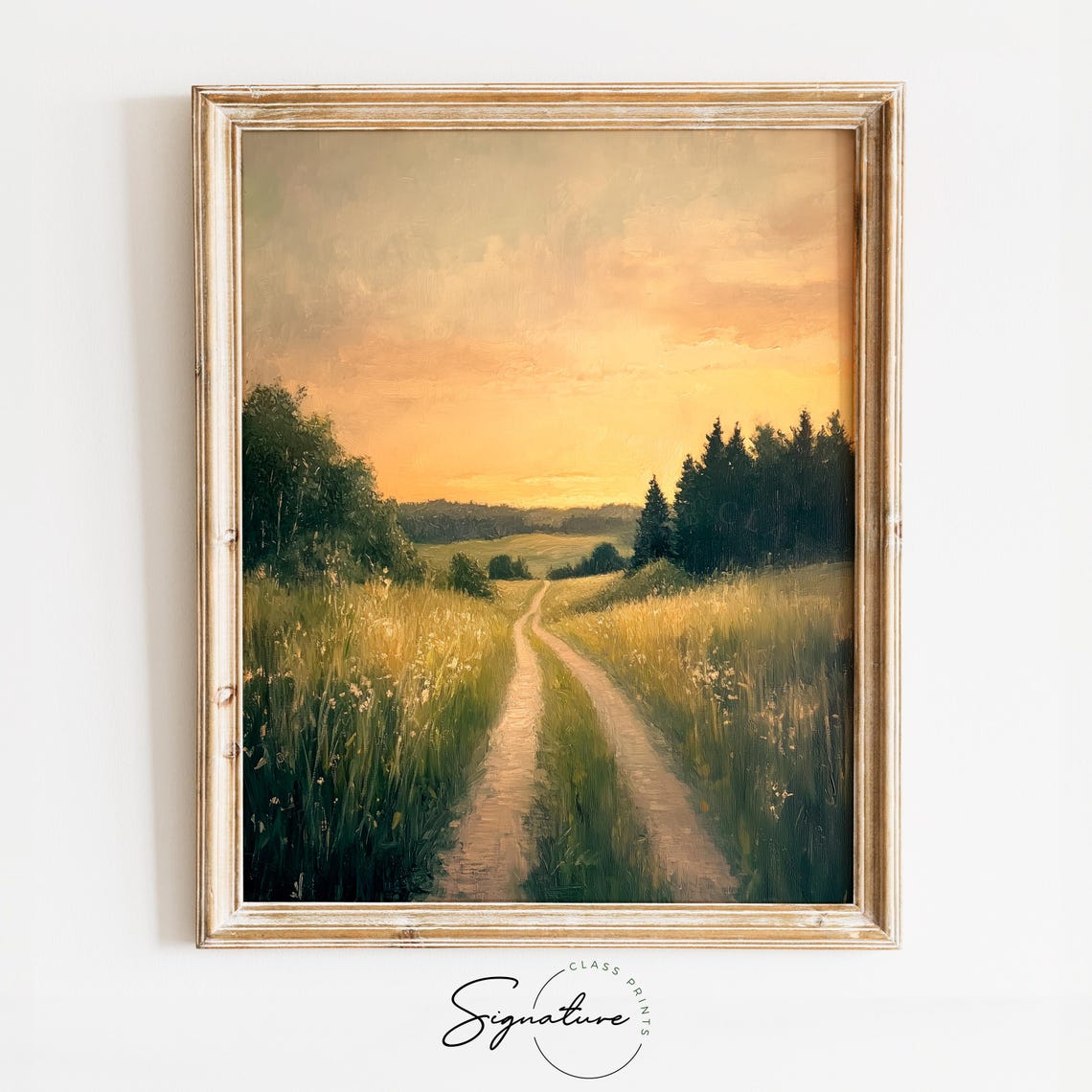 Quiet Country Lane In Golden Light Sunset Meadow Path Landscape Poster