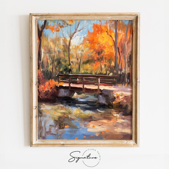 Rustic Wooden Footbridge Over a Stream in Fiery Autumn Woods Poster