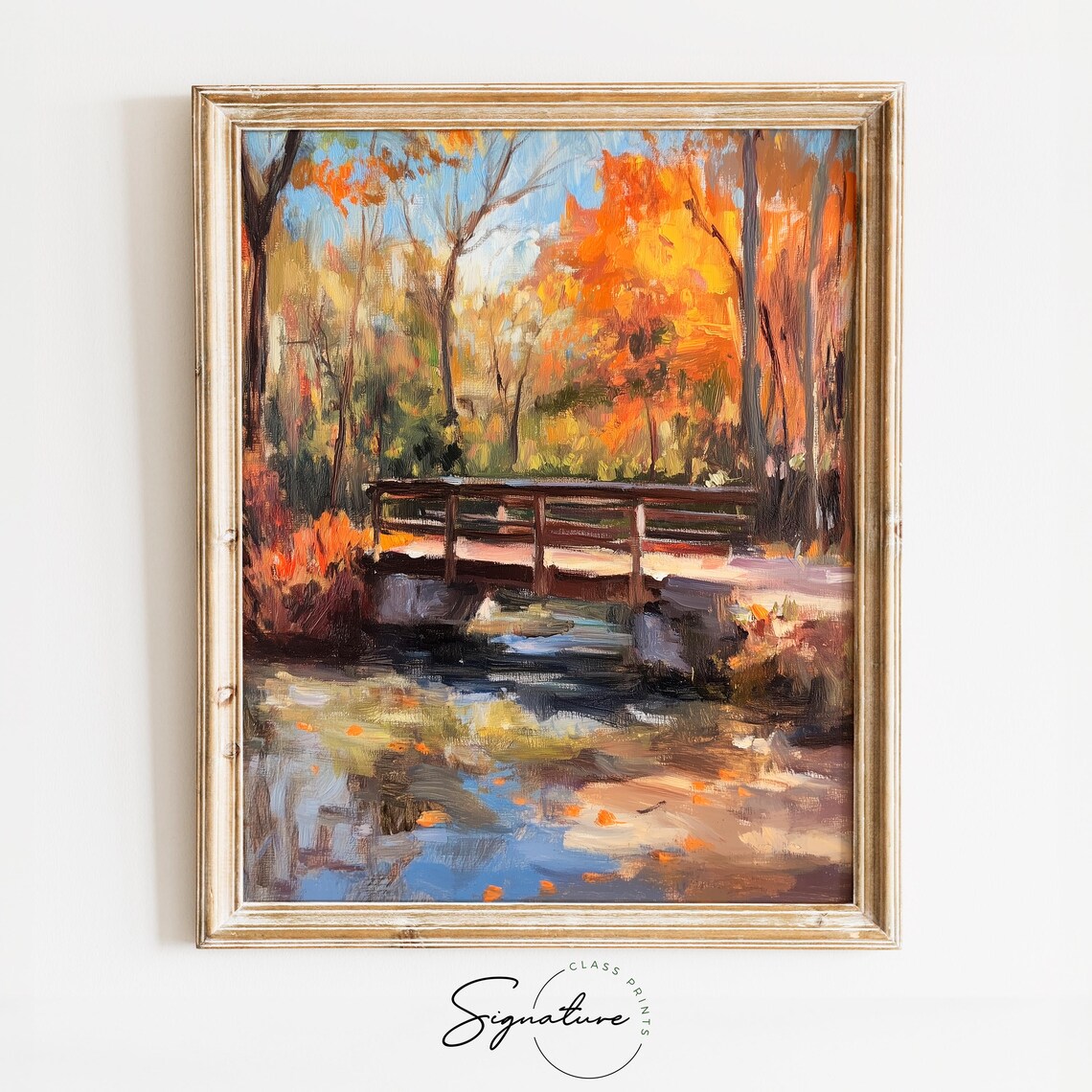 Rustic Wooden Footbridge Over a Stream in Fiery Autumn Woods Poster
