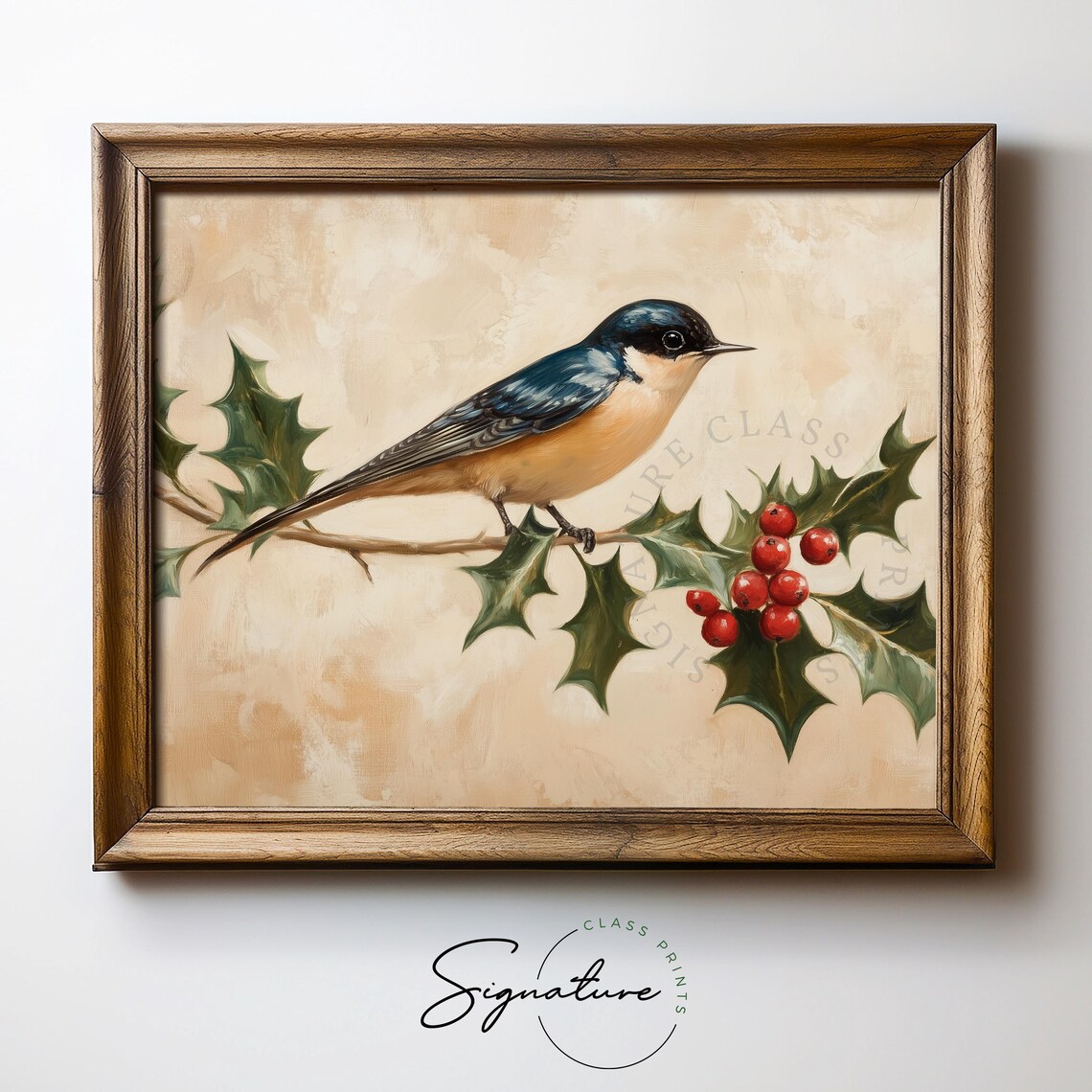 Elegant Barn Swallow With Holly Berries Christmas Bird Art Poster - Image 5