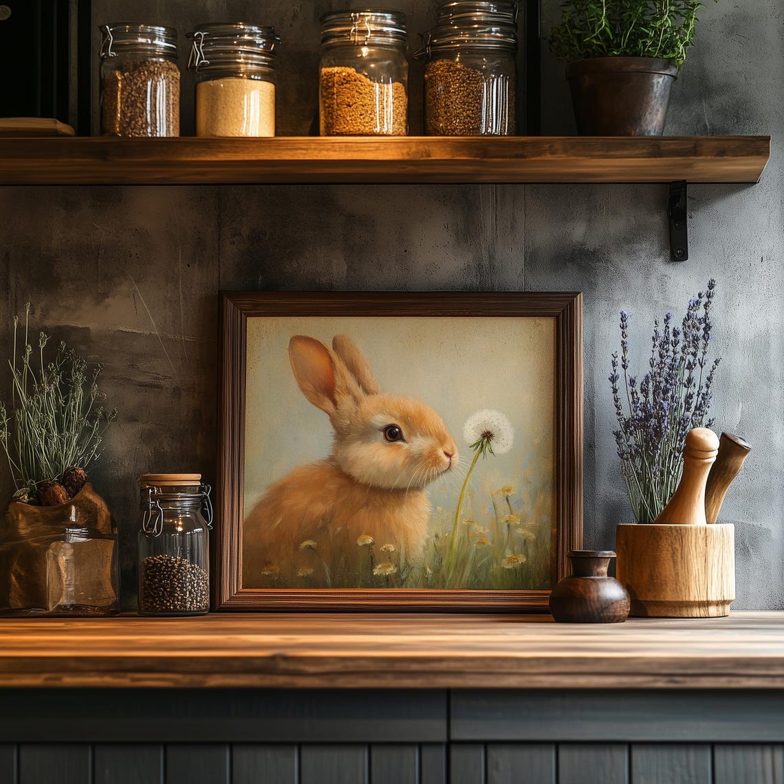 Baby Bunny Sniffing Dandelion Soft Meadow Spring Animal Art Poster - Image 2