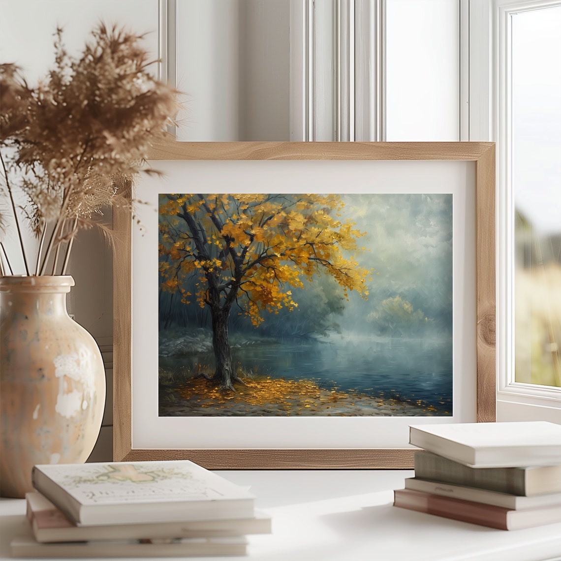 Golden Chestnut Tree Beside Foggy Lakeside Misty Autumn Poster - Image 2