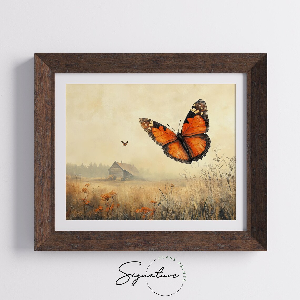 Orange Butterflies Golden Wheat Field Rustic Barn Autumn Morning Art Poster - Image 3