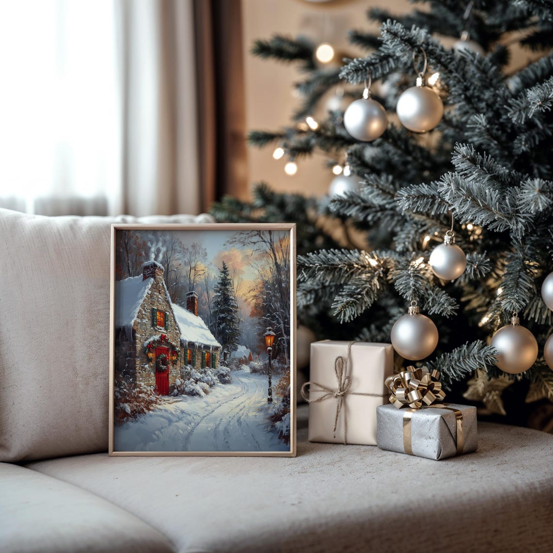 Christmas Cottage with Glowing Windows and Red Door Sunset Poster - Image 5