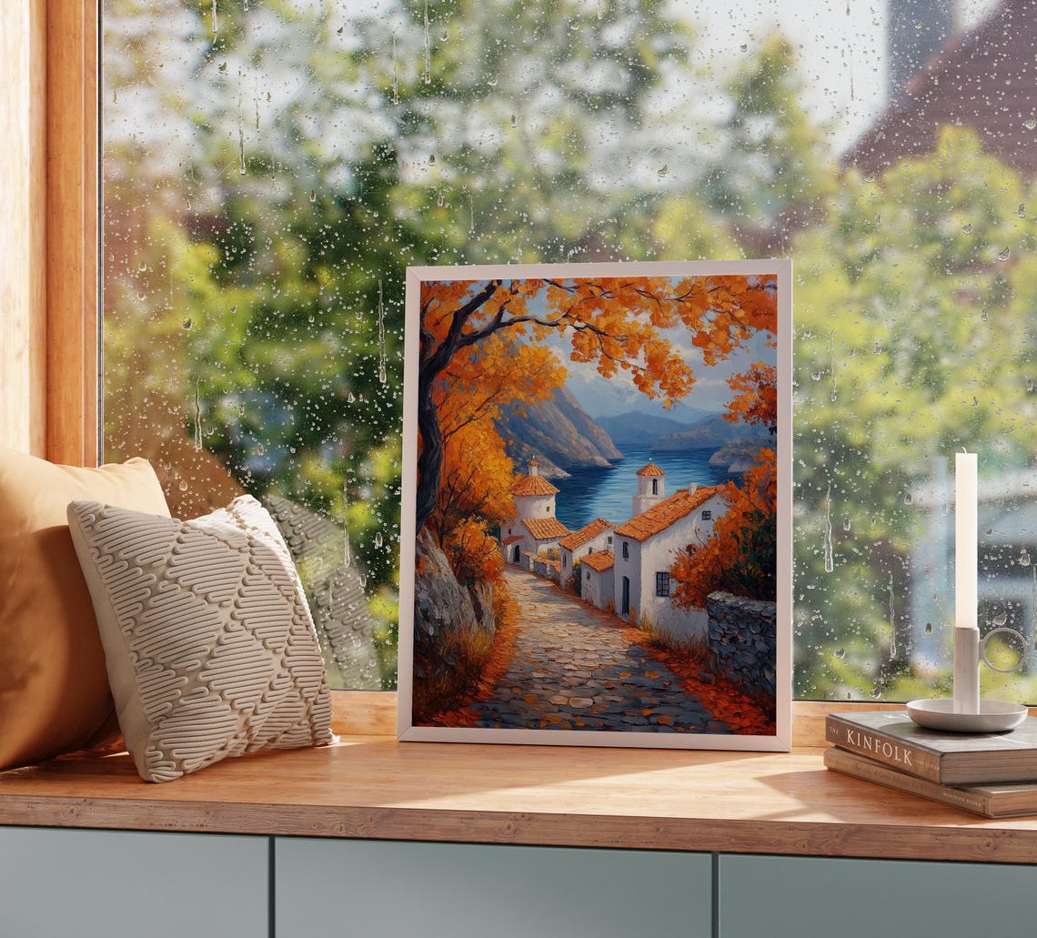 Mediterranean Seaside Village Autumn Trees Coastal Bay View Poster - Image 2