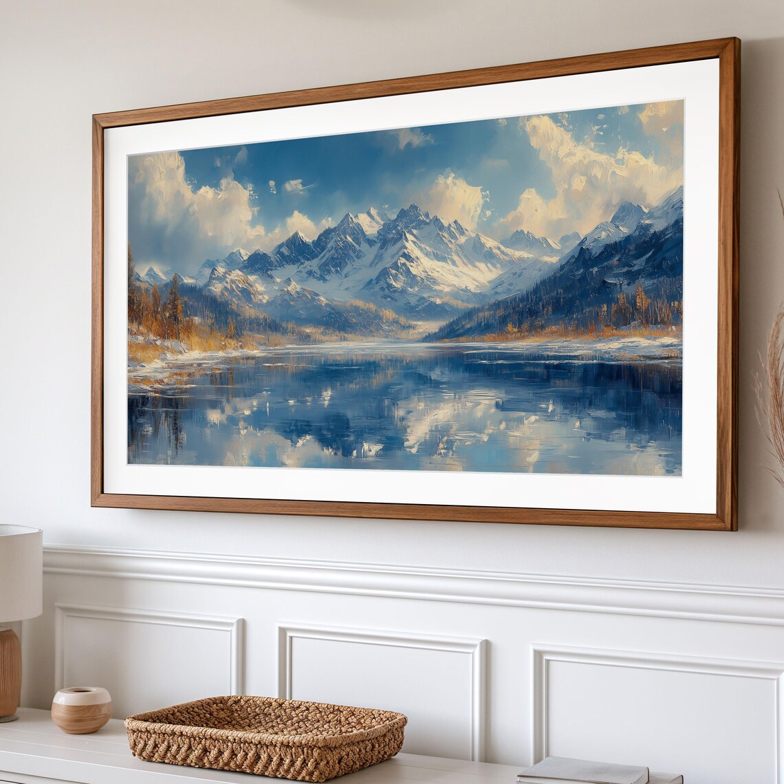 Snow Capped Mountain Peaks Reflected In Calm Alpine Lake Winter Art Poster - Image 2