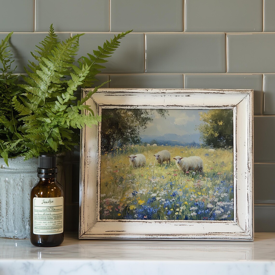 Lambs in Wildflower Meadow Art Print, Cottagecore - Image 4