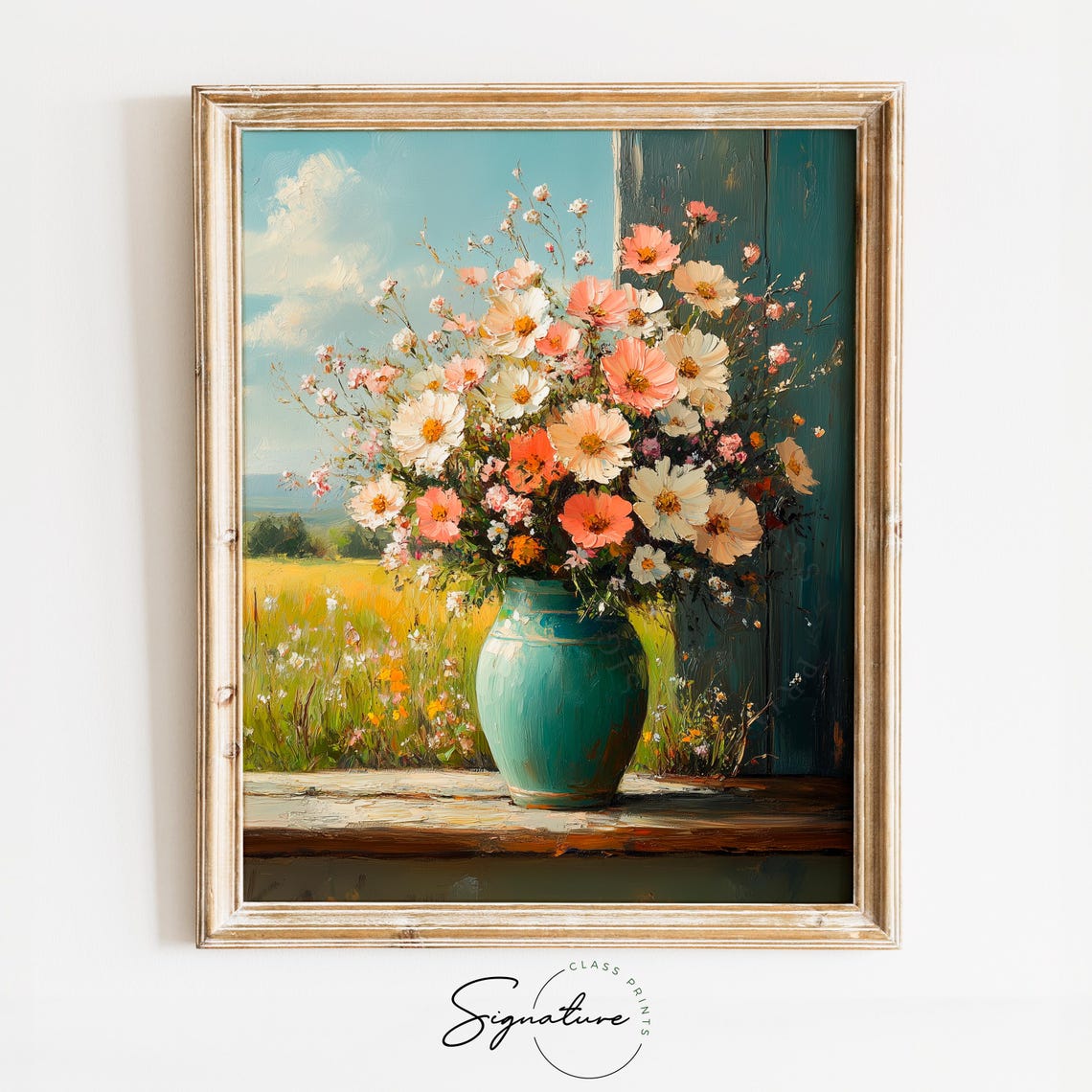 Turquoise Vase With Spring Cosmos Flowers Rustic Oil Painting Wall Art