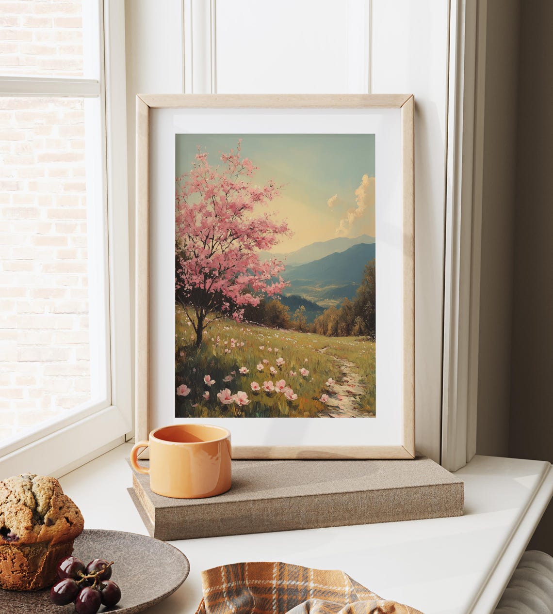 Pink Blossom Tree On Spring Hillside With Wildflowers Landscape Poster - Image 6
