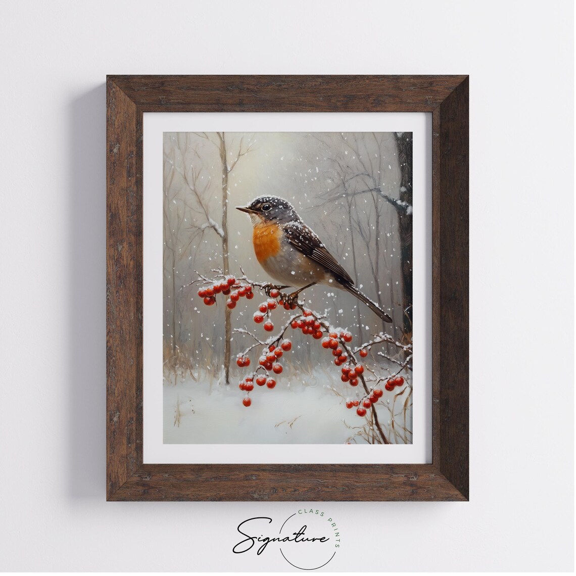 Robin On Frosty Berry Branch In Falling Snow Winter Art Poster - Image 2