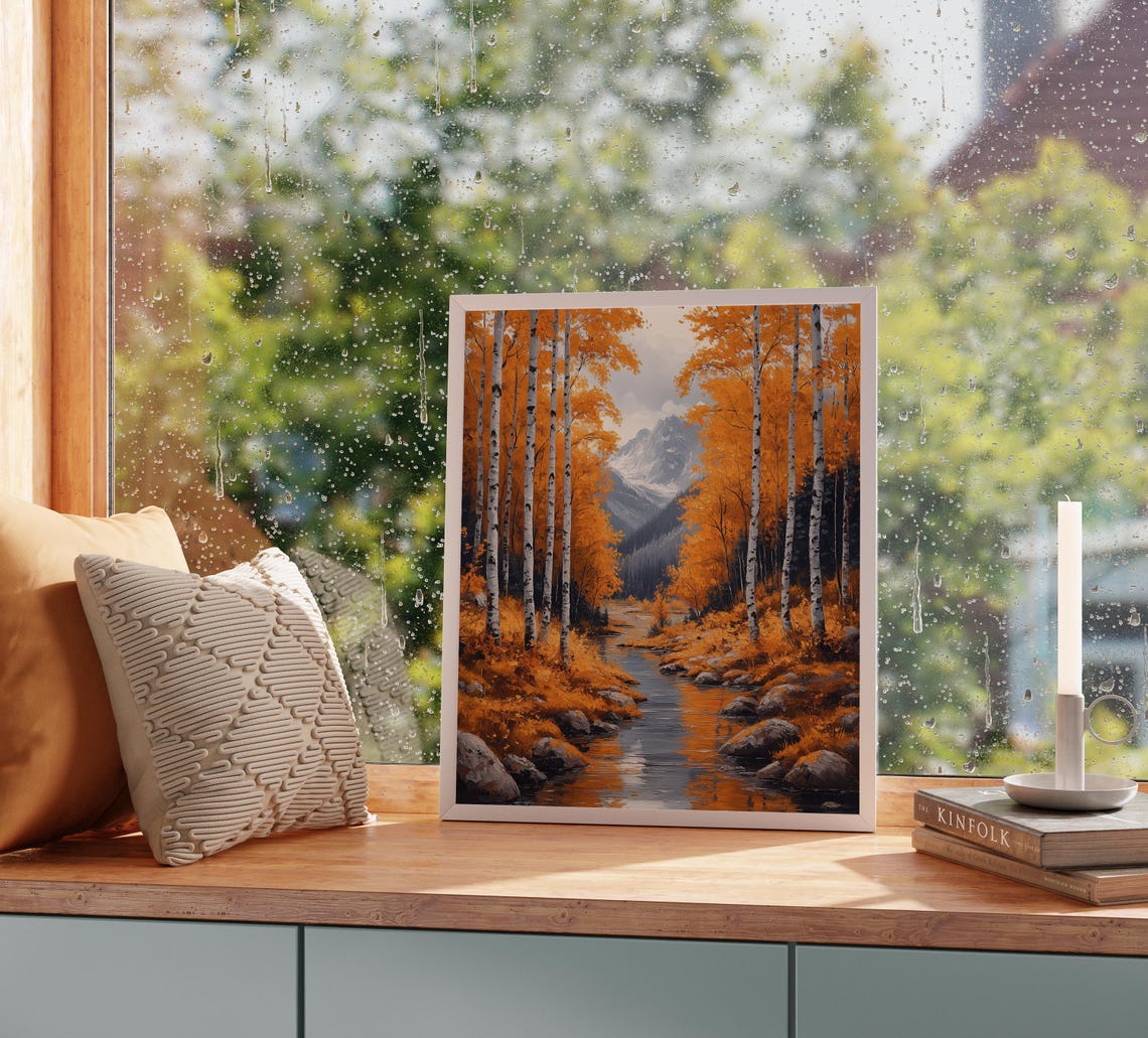 Autumn Birch Grove Stream Snowy Peaks Orange Reflections Poster - Image 2