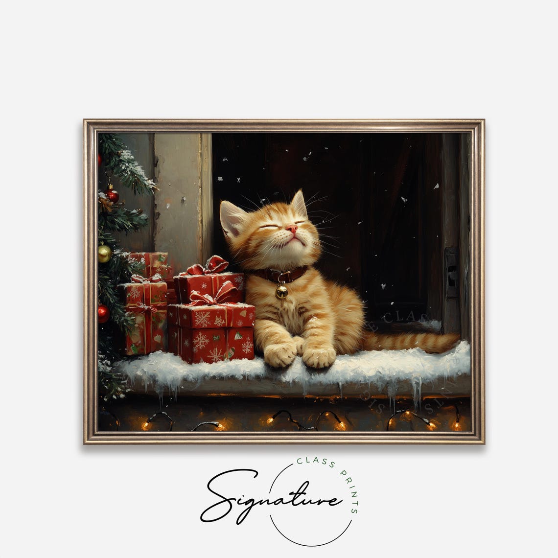 Sleeping Ginger Kitten With Christmas Gifts On A Snowy Sill Poster - Image 4