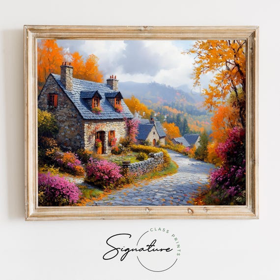 Cobblestone Village Lane With Ivy Covered Stone Cottage Rustic Fall Scene Print Earthy Countryside Wall Art Cozy Painting 2049