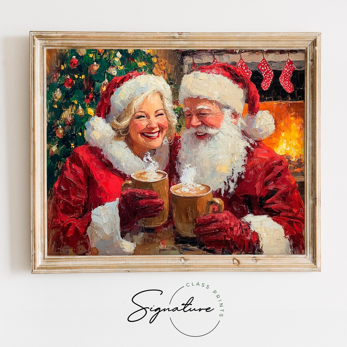 Santa And Mrs Claus Laughing Over Hot Cocoa By The Fire Art Poster
