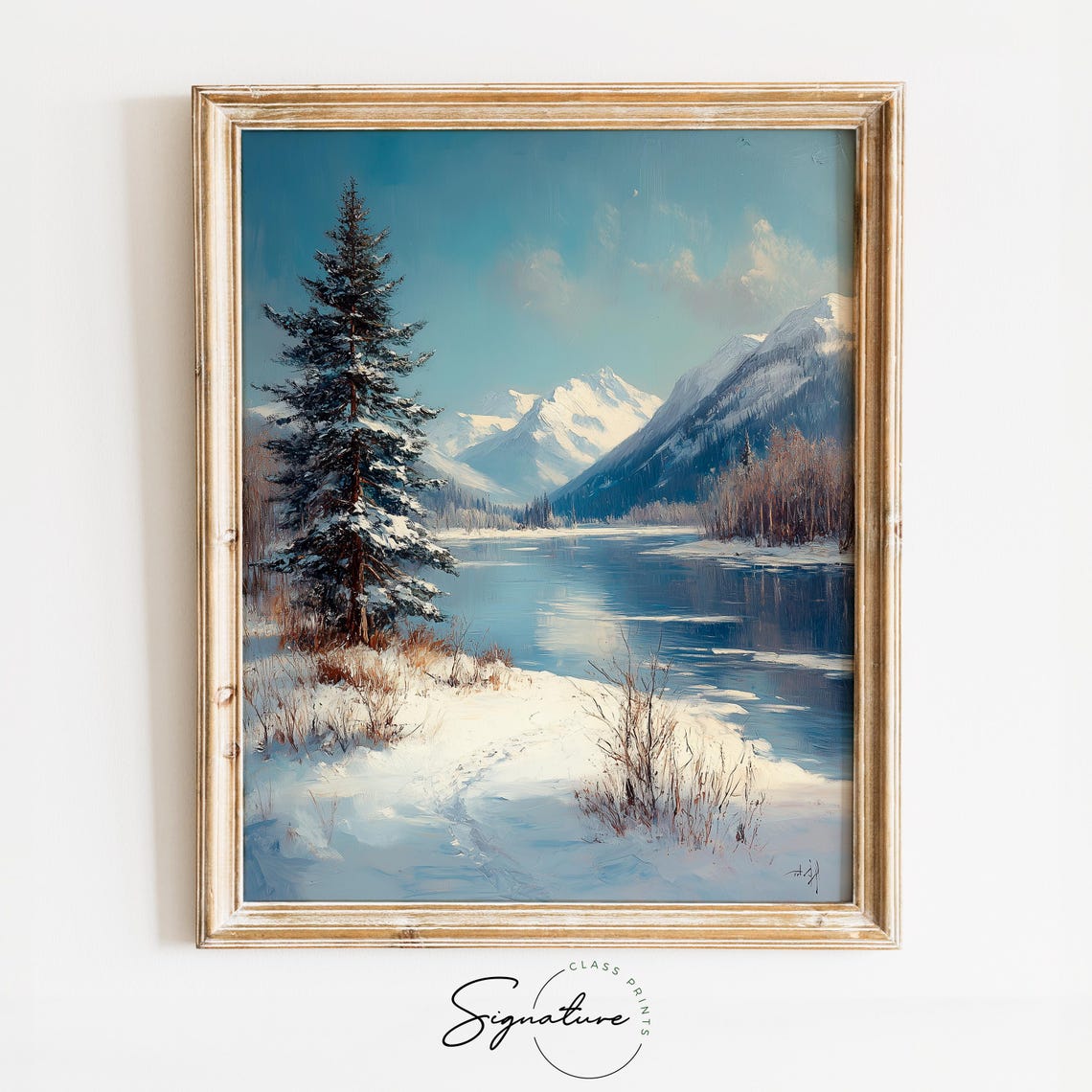Snow Covered Pine Tree By A Frozen Blue Mountain Lake Poster
