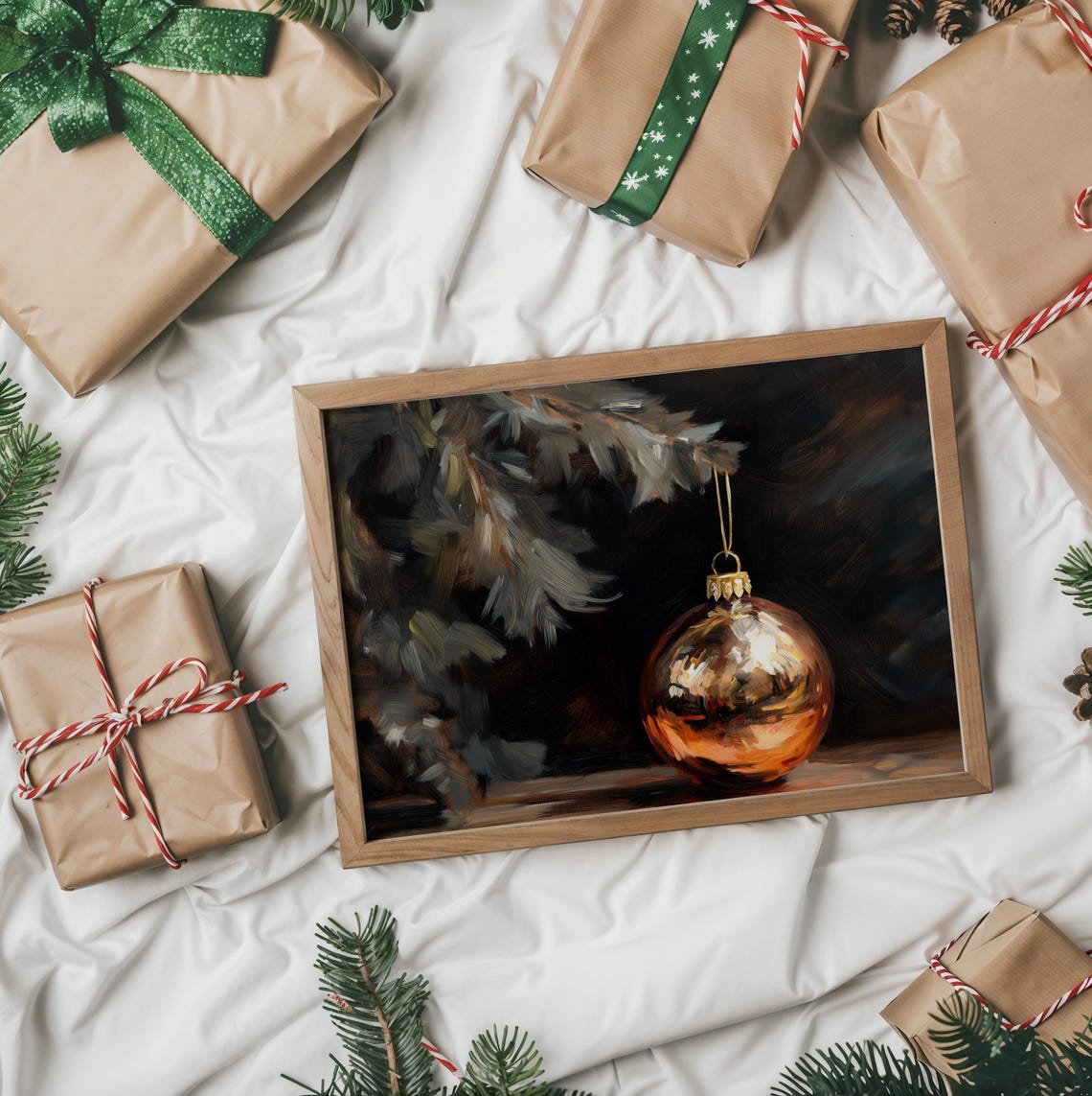 Shiny Copper Christmas Ornament Hanging From Pine Branch Poster - Image 2