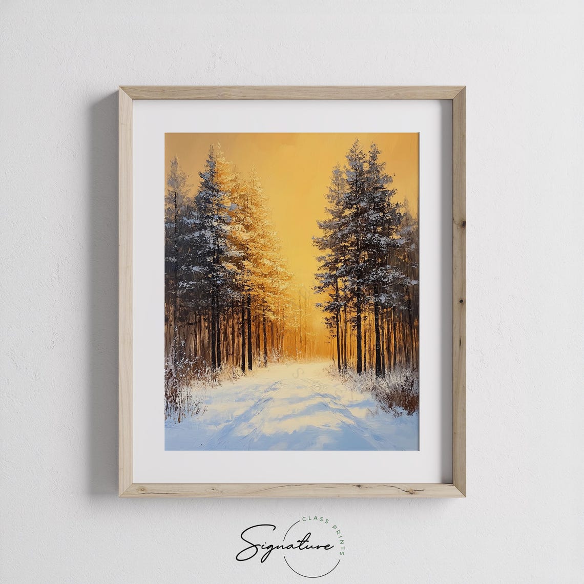 Golden Sunset Light on Snowy Forest Path Winter Scene Poster - Image 2