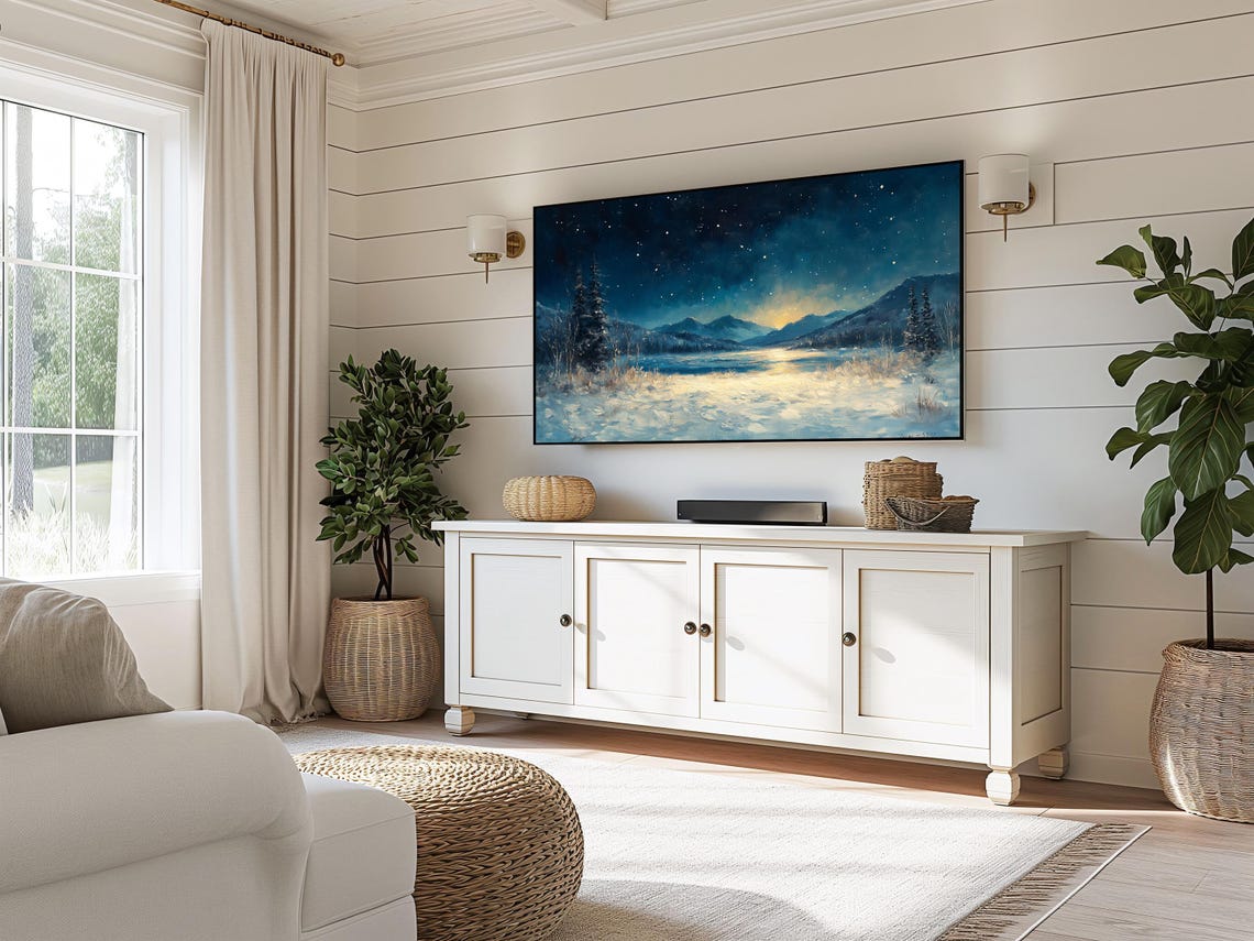 Snowy Winter Meadow Under Starry Night Sky Moody Landscape Poster - Image 3