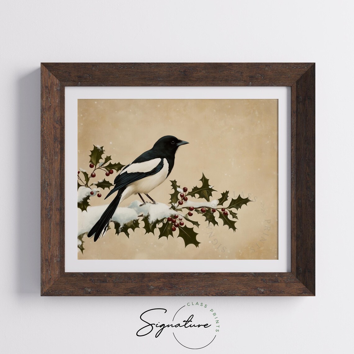Magpie on Snowy Holly Branch Red Berries Vintage Bird Art Poster - Image 4