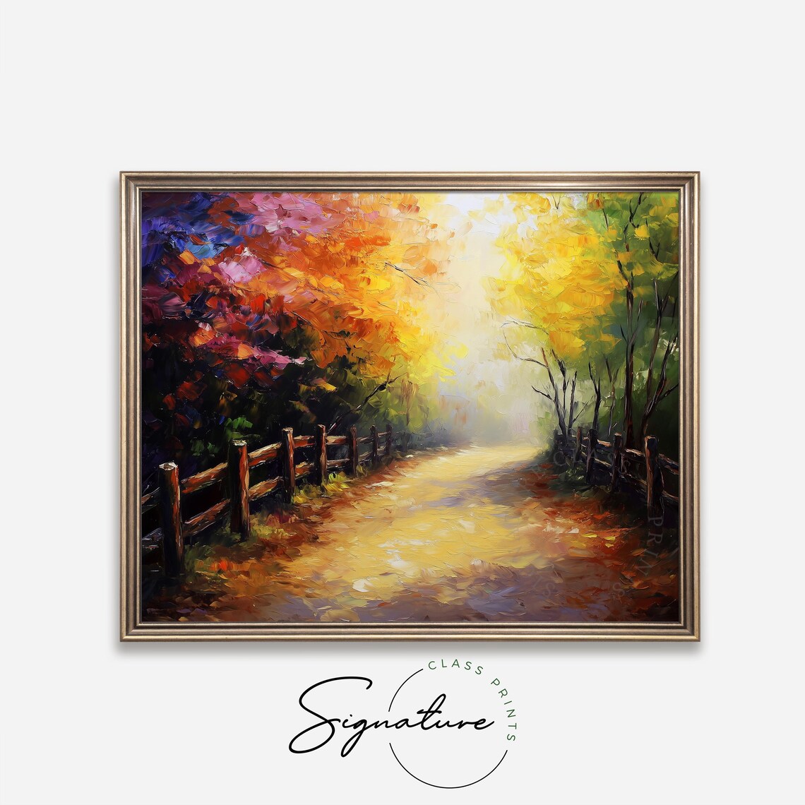 Vibrant Autumn Path With Wooden Fence Colorful Fall Forest Painting Poster - Image 4