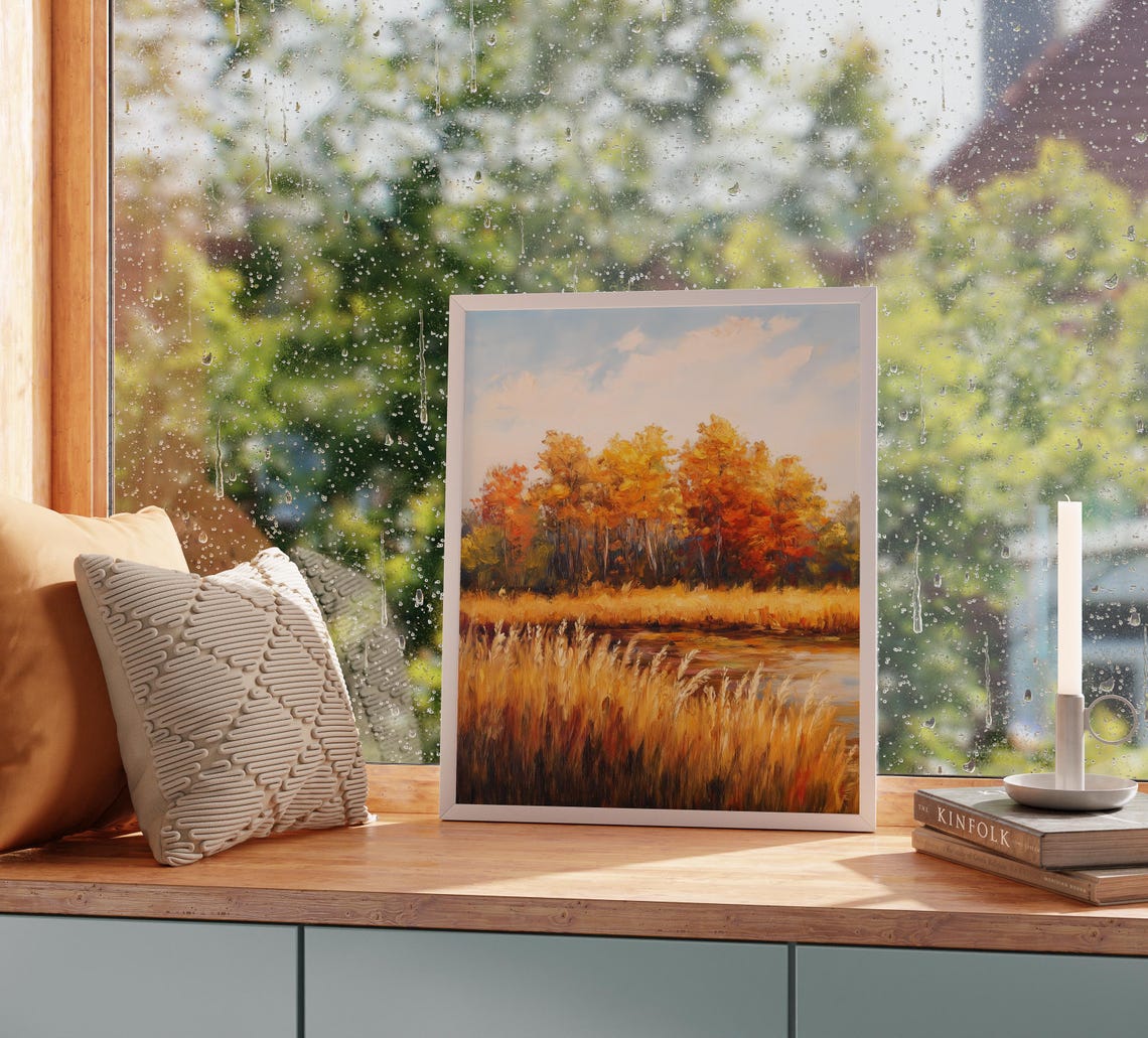 Golden Autumn Trees Reflected in a Calm Lake with Tall Grasses Poster - Image 2