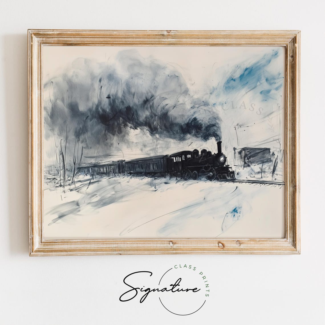 Steam Train In Snow Expressive Ink Sketch Style Locomotive Poster