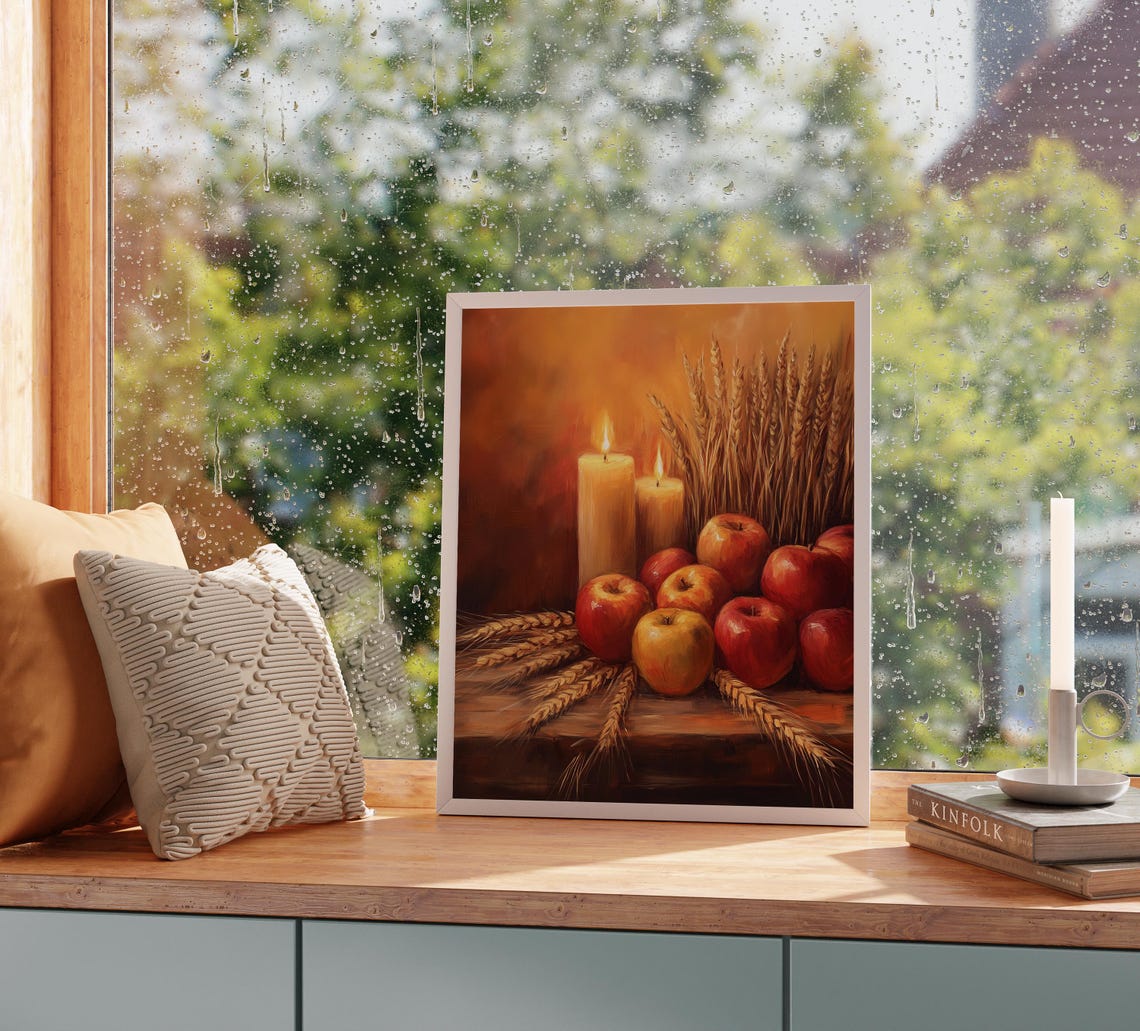 Harvest Still Life with Glossy Red Apples Wheat and Lit Candles Poster - Image 2