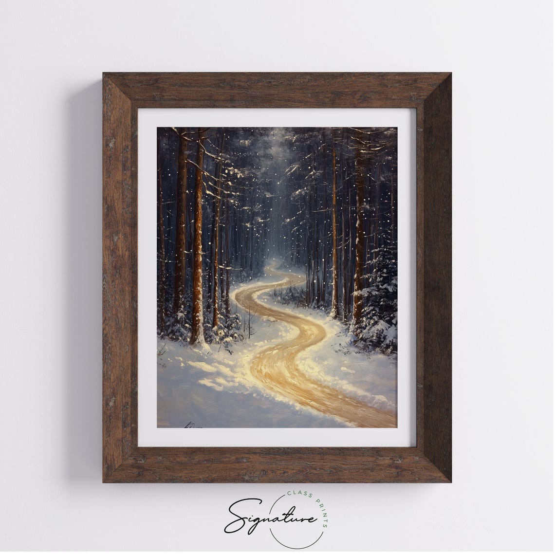 Moonlit Winding Trail Through Snow Laden Pine Forest Night Poster - Image 3