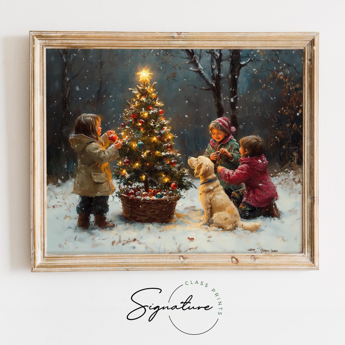 Three Children And A Dog Decorating A Lit Christmas Tree Poster