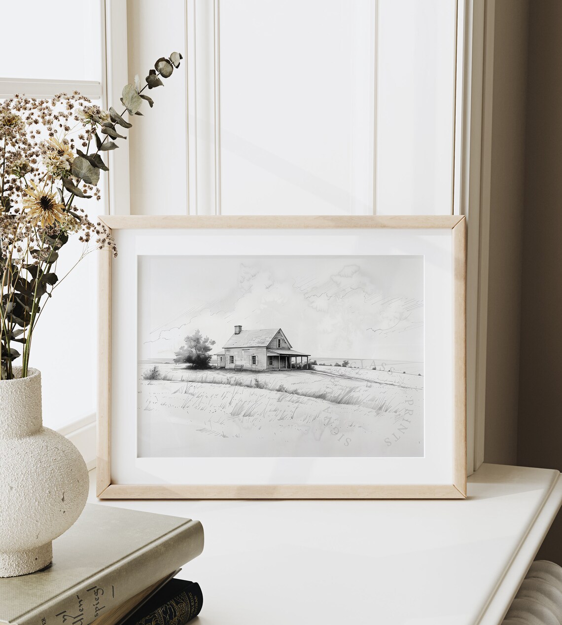 Old Farmhouse with Porch Pencil Sketch Rural Countryside Poster - Image 6