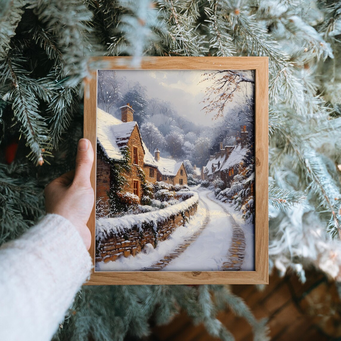 Snowy Village Street with Stone Cottages and Chimneys Poster - Image 6