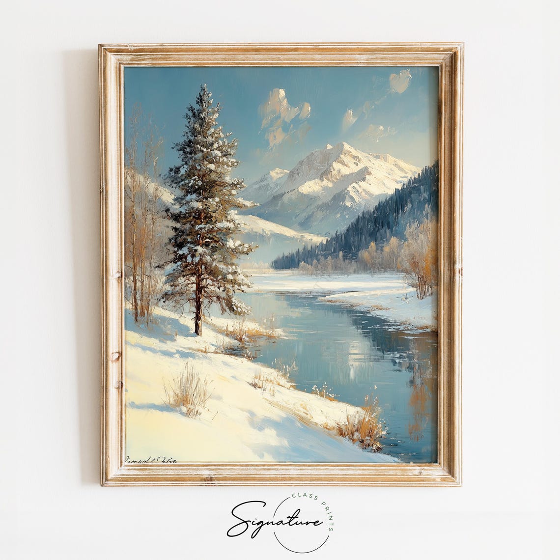Lone Snowy Pine by Calm River with Mountains Winter Day Poster