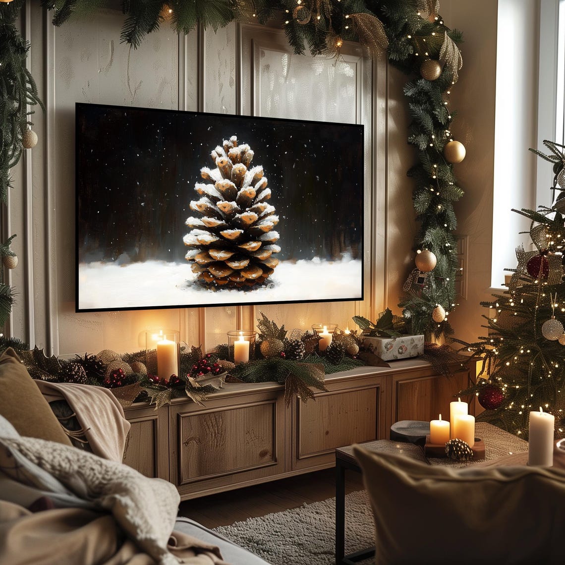 Snow Dusted Pinecone Resting In Fresh Snow Dark Winter Art Poster - Image 3