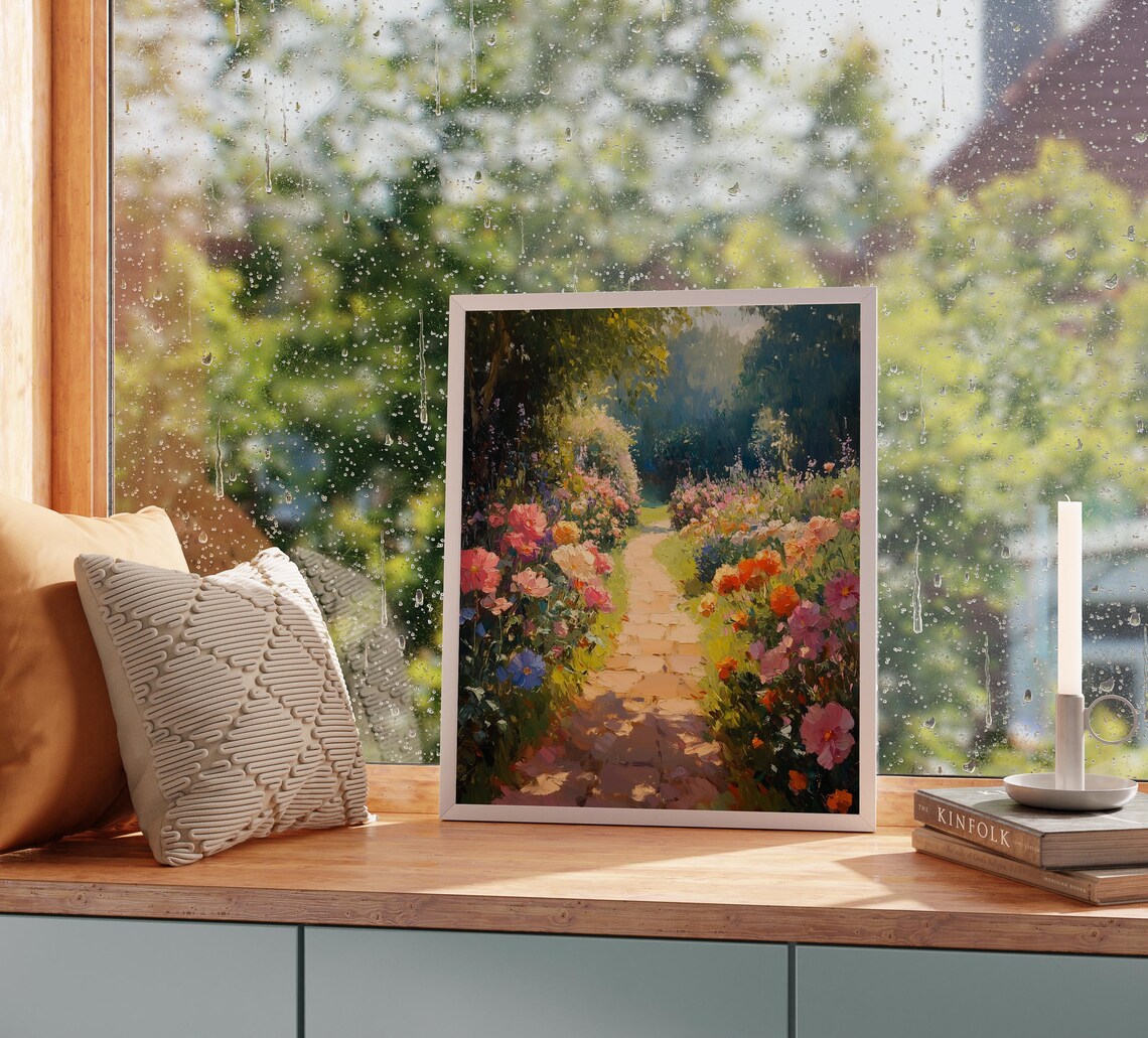 Colorful Flower Lined Garden Path Shady Summer Retreat Poster - Image 2
