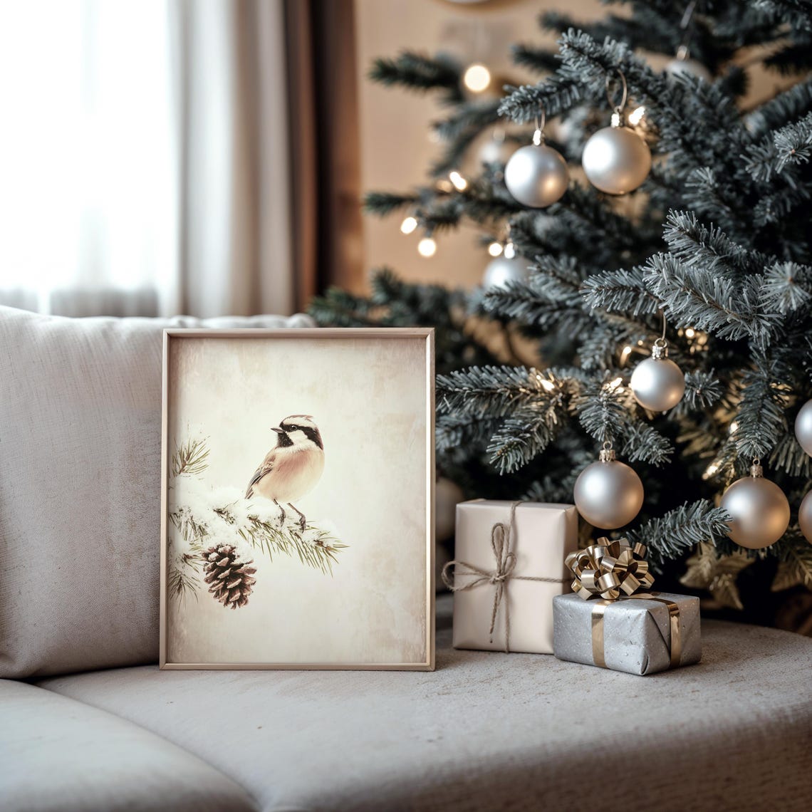 Snowy Chickadee Perched on Frosted Pine Branch Winter Bird Art Poster - Image 5