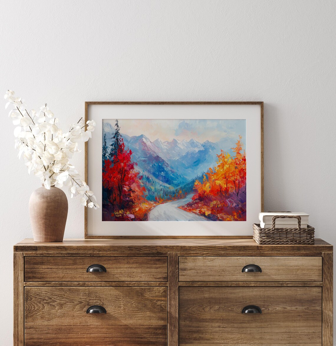 Mountain Road Autumn Painting Vibrant Fall Foliage Blue Peaks Landscape Poster - Image 3