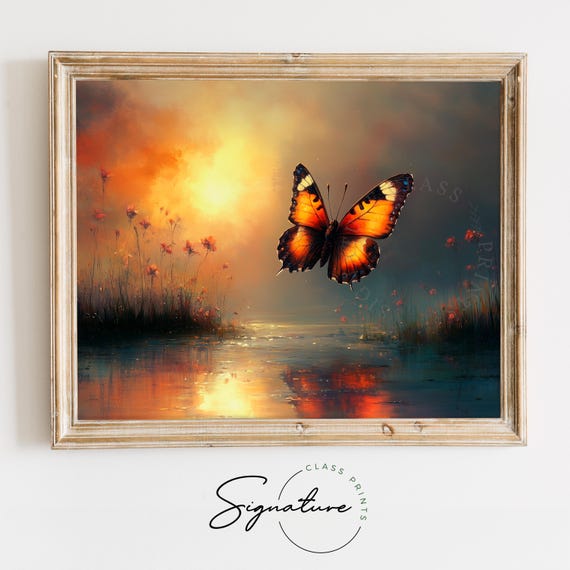 Twilight Monarch Near Serene Waters Vintage Spring Print Moody Cottagecore Painting Earthy Butterfly Decor Nature Wall Art Artwork 3173