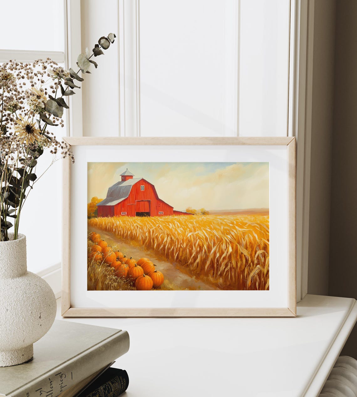 Red Barn Pumpkin Harvest Painting Golden Wheat Field Fall Decor Poster - Image 6