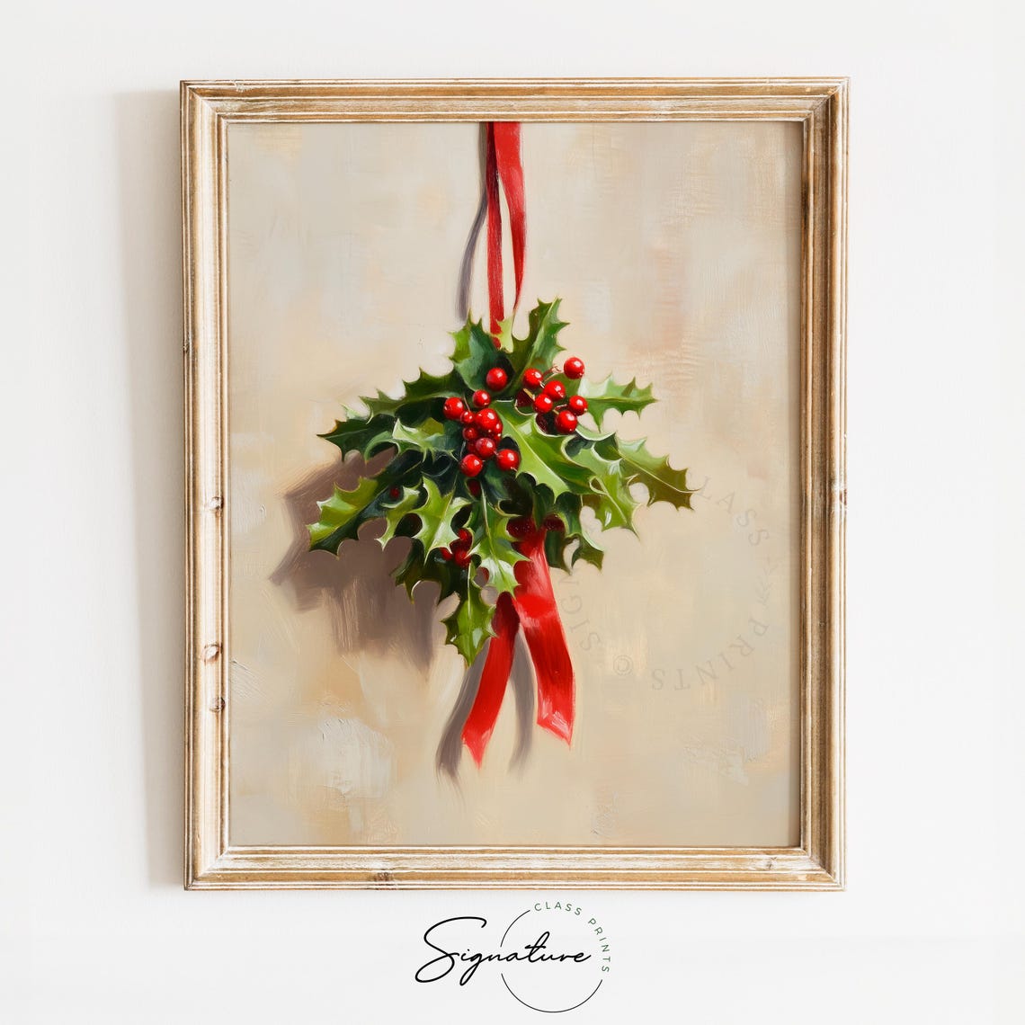 Hanging Holly Bouquet with Red Ribbon Christmas Botanical Poster