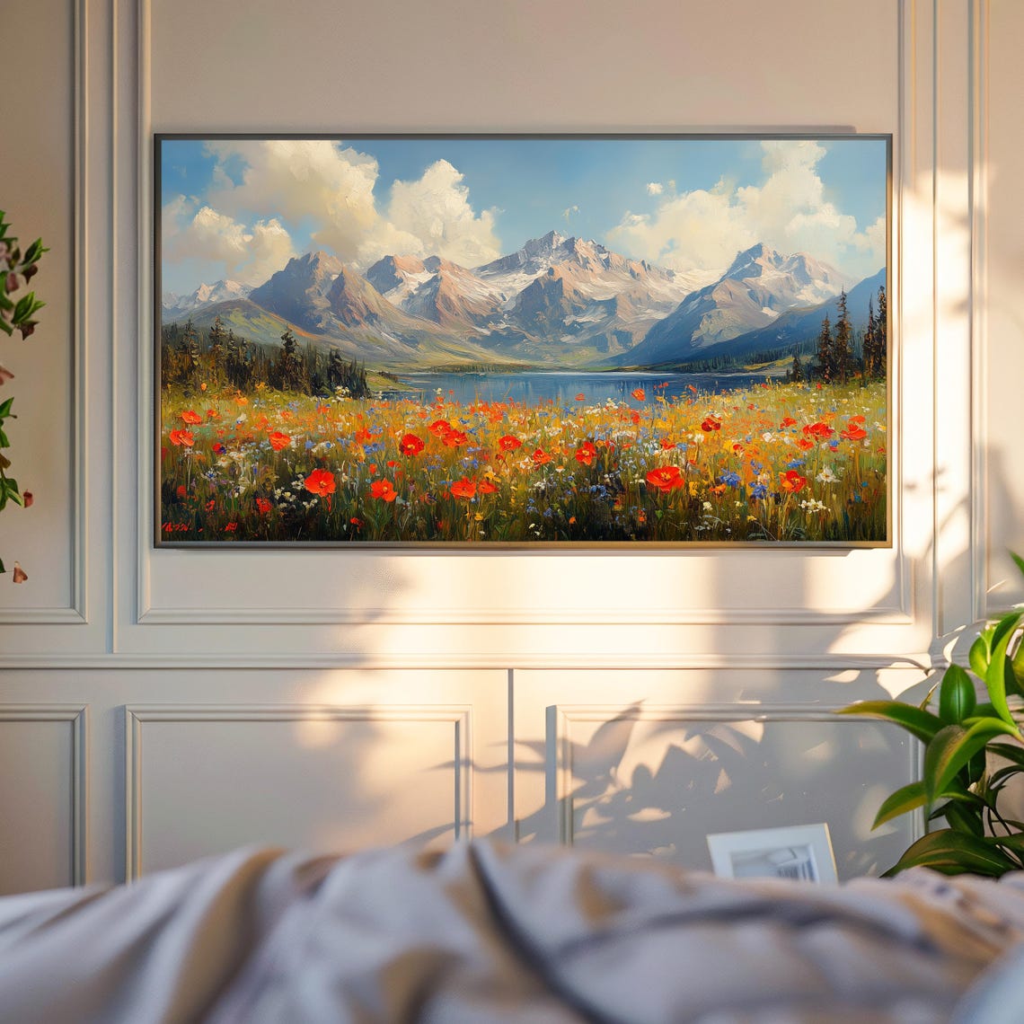 Alpine Lake Red Poppy Meadow Snow Peaks Colorful Landscape Wall Art - Image 6
