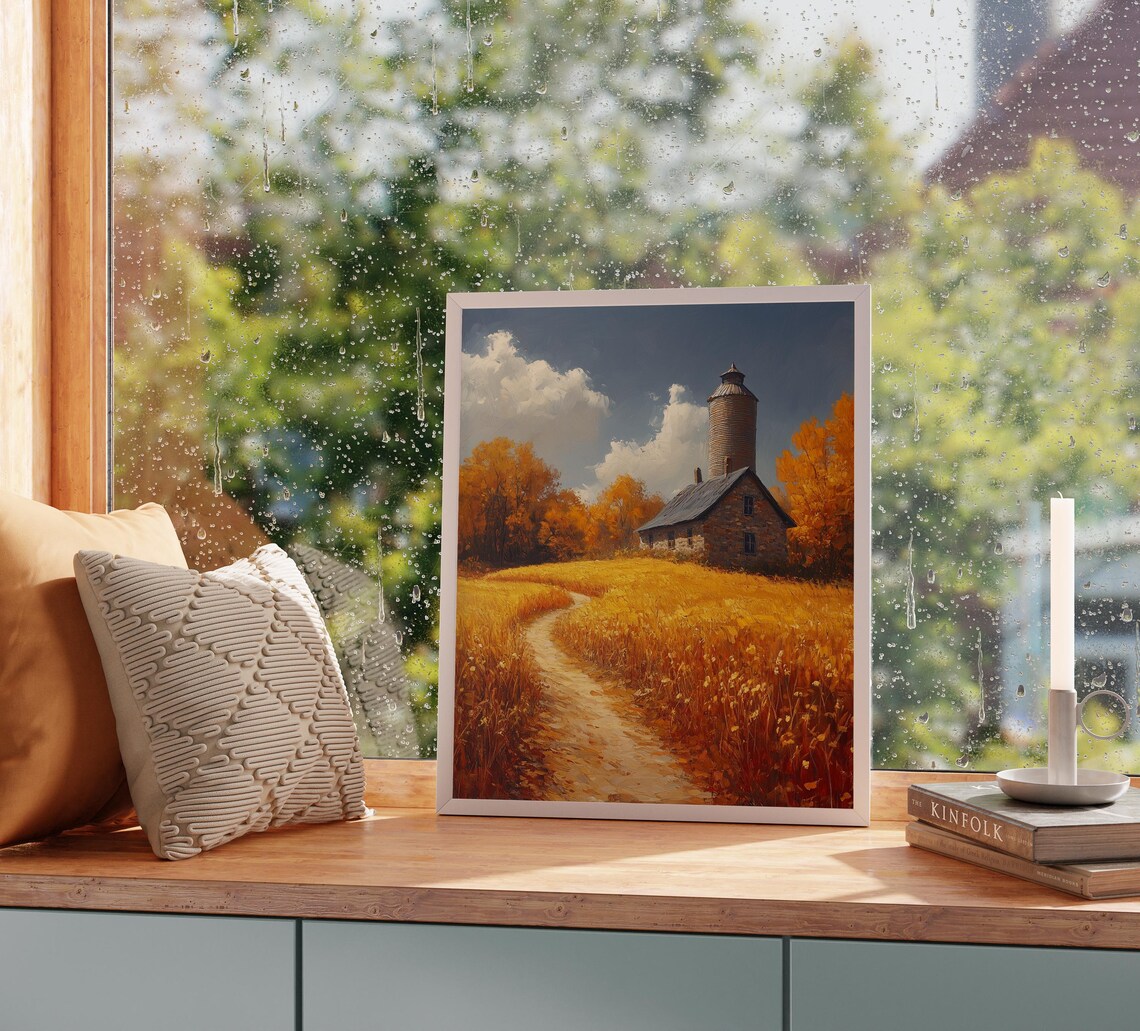 Stone Farmhouse With Tall Silo in Ripe Wheat Field Autumn Landscape Wall Art - Image 2