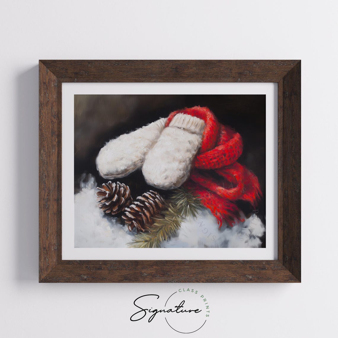 Cozy White Knit Mittens With Red Scarf And Pinecones Winter Poster - Image 5