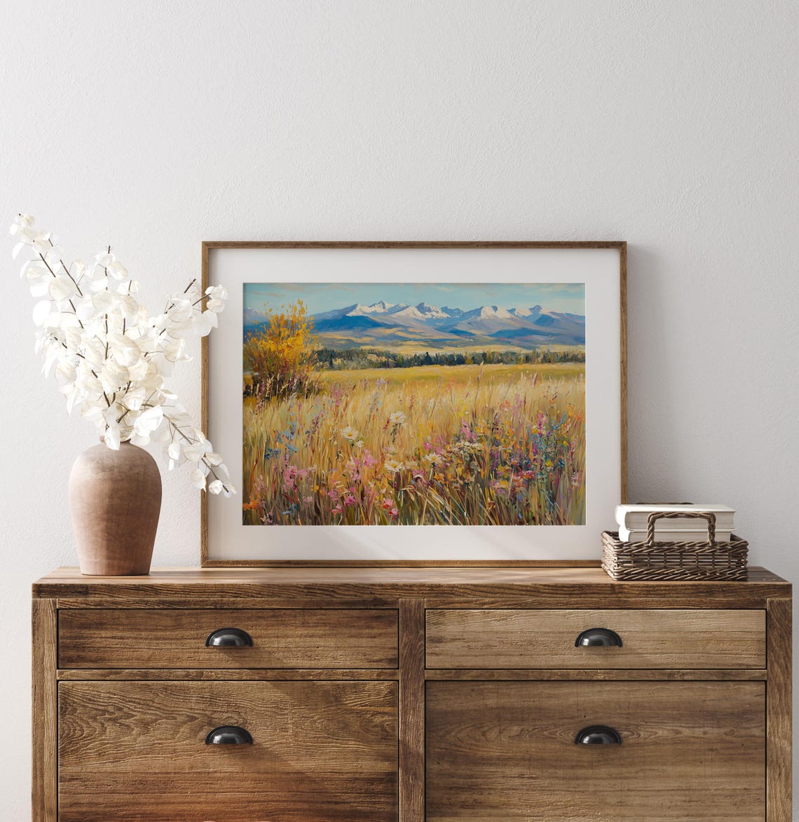 Wildflower Meadow With Golden Grass And Distant Mountains Poster - Image 3