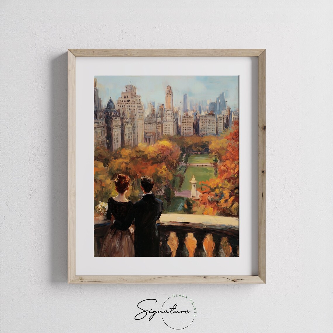 Romantic Couple on a Balcony Overlooking an Autumn City Park Poster - Image 3