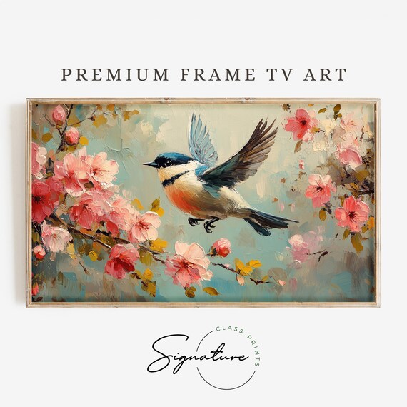 Small Blue Songbird in Flight Pink Blossom Spring Floral Poster
