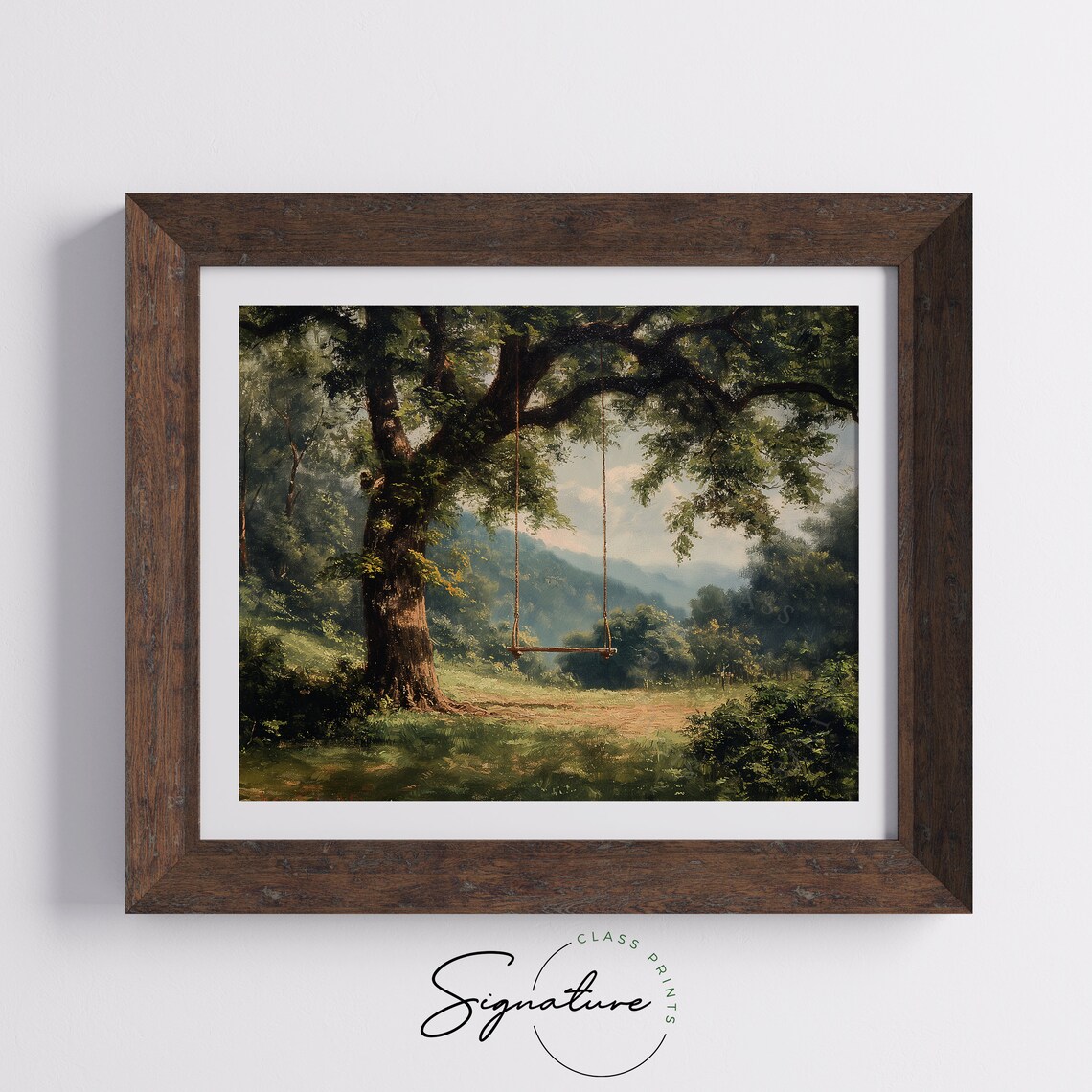 Wooden Tree Swing Overlooking Green Valley Vintage Landscape Oil Poster - Image 5