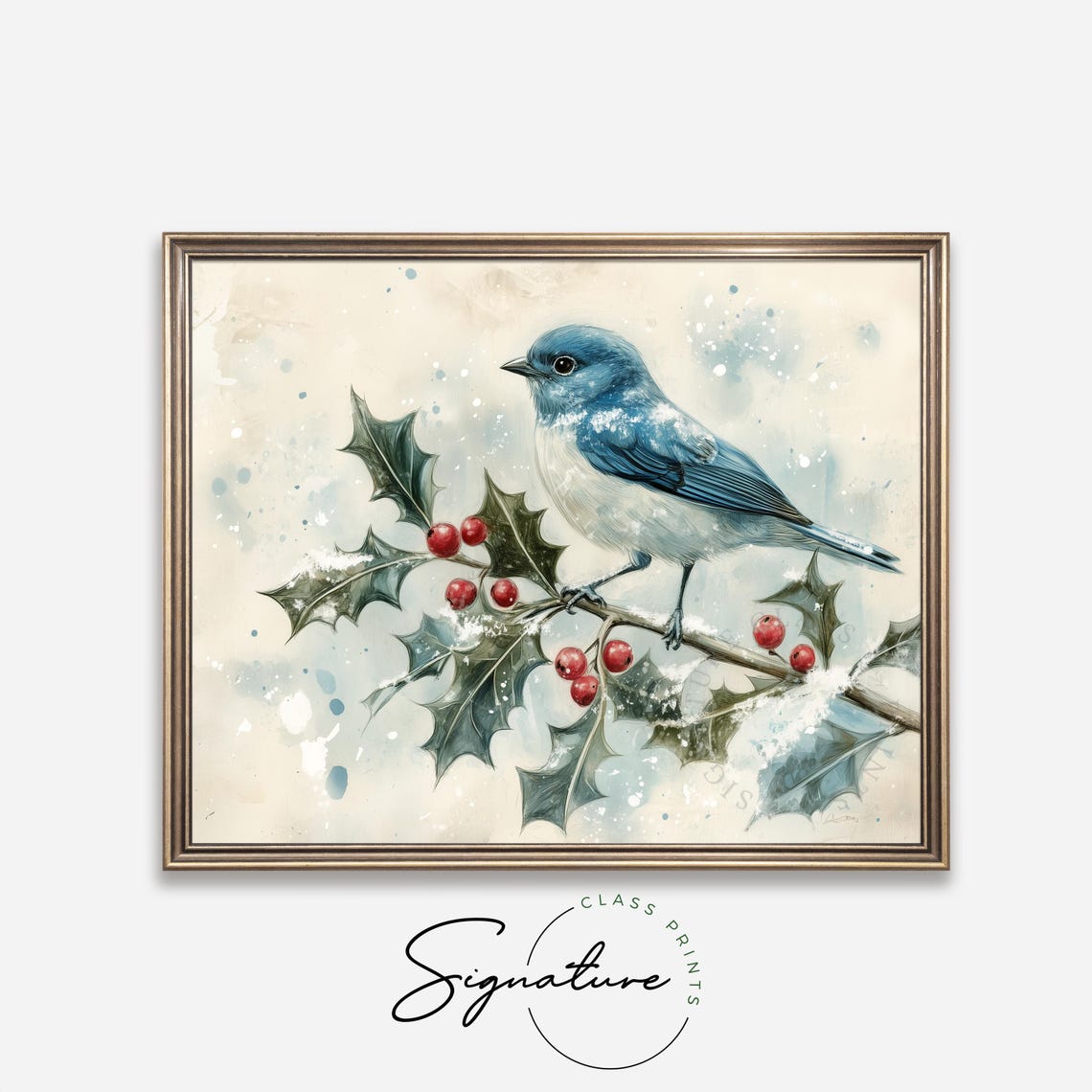 Bluebird On Holly Branch With Red Berries Winter Watercolor Poster - Image 4