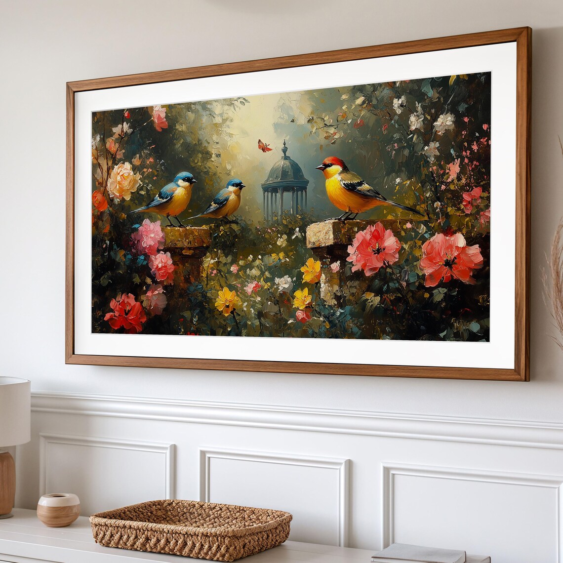 Goldfinch Trio Amid Spring Blooms Garden Gazebo Bird Wall Art - Image 2