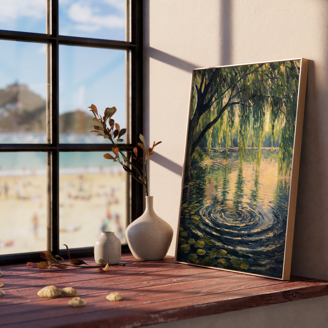 Willow Tree Over Pond With Lily Pads And Ripples Tranquil Art Poster - Image 5